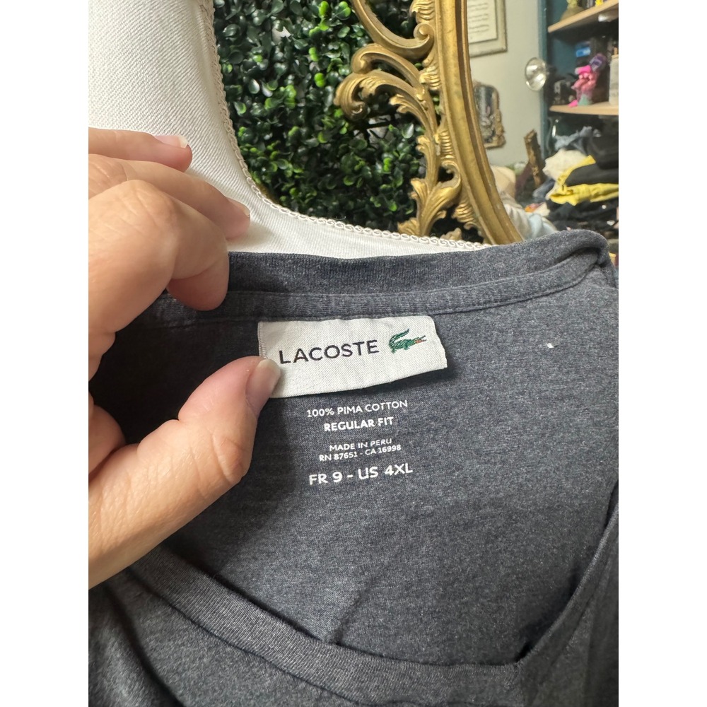 Lacoste Pima Cotton V-Neck T-Shirt 4XL Grey Regular Fit Short Sleeve Logo Tee - Picture 6 of 6